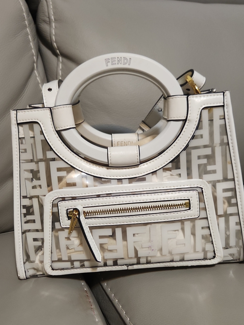 Fendi White Gold Zucca Logo Runway Clear Tote Wooden Double Handle Vintage